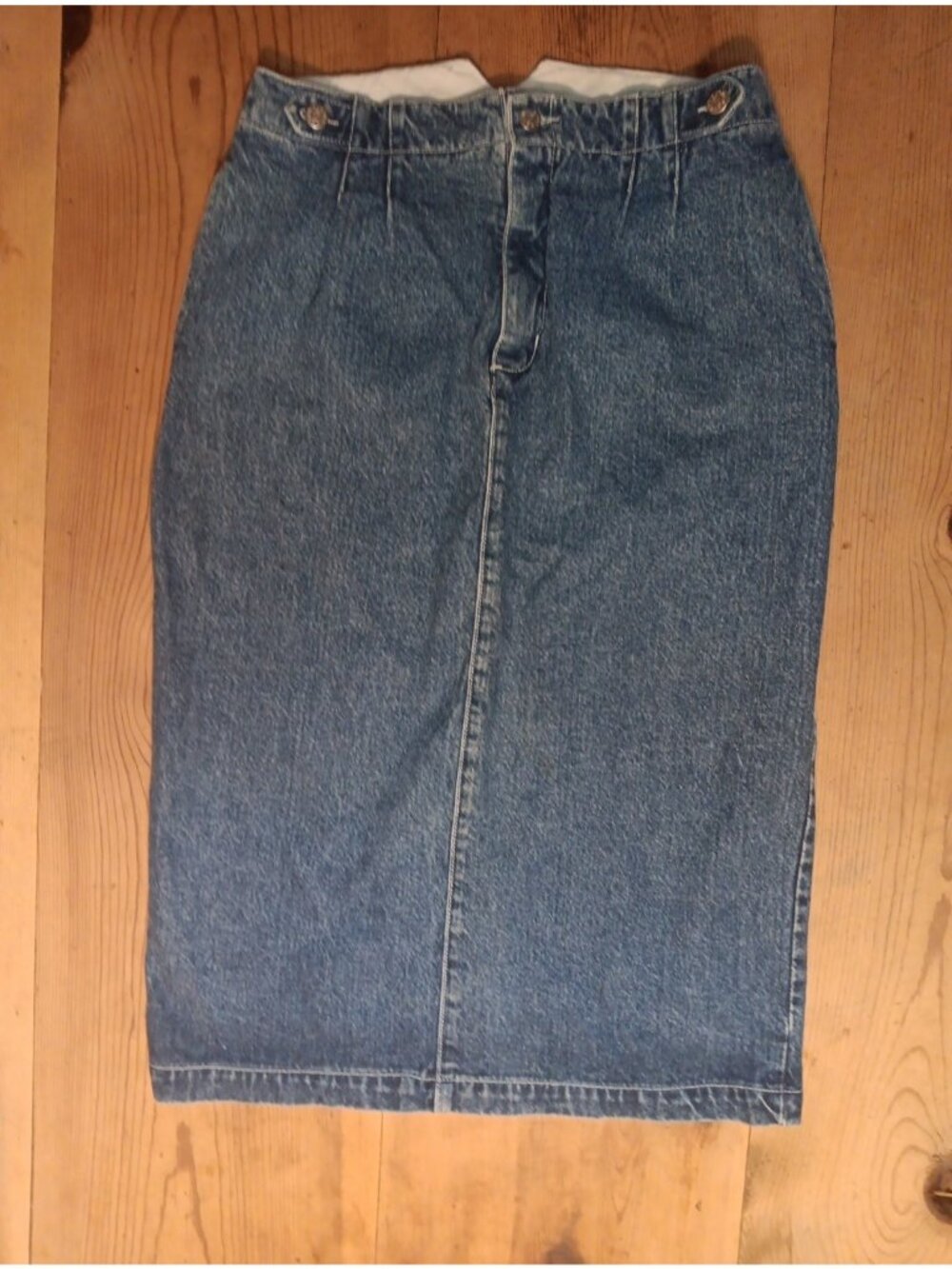 Vtg Jones Wear Petite Midi Jean Skirt Womens 14 Blue Trouser Welt Pocket Denim